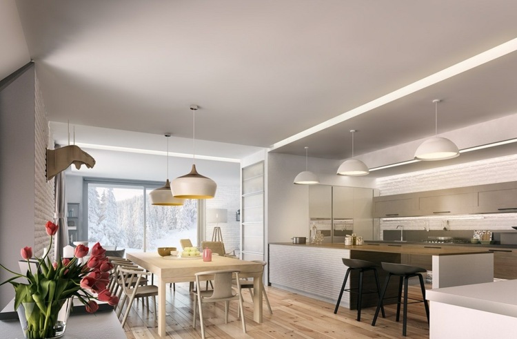 Projektowanie domu - projektowanie lamp i wykorzystanie dużej ilości drewna design-apartament-jasne-drewno-laminat-skandynawska-kuchnia-współczesna